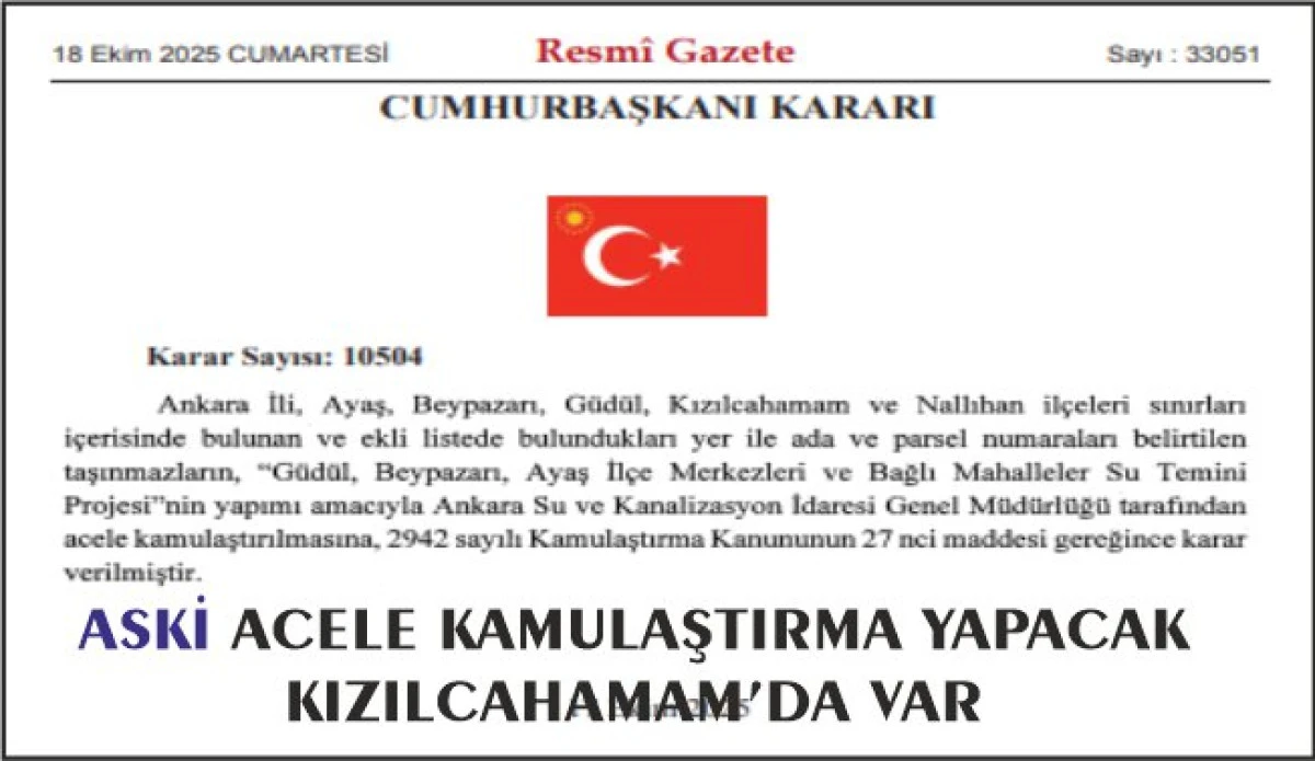 ASKİ’den Kızılcahamam Dahil 5 İlçede Acele Kamulaştırma Kararı